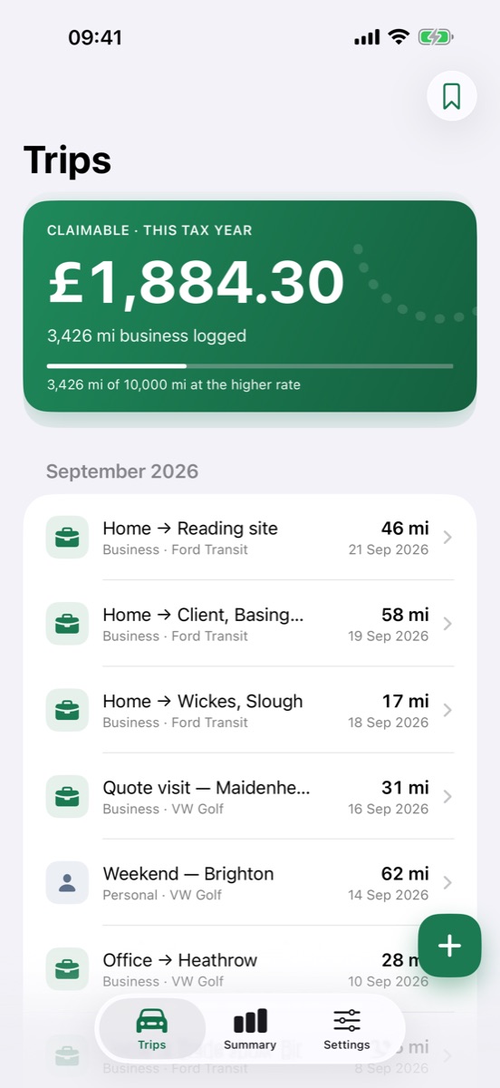 The Trips screen, showing £1,884.30 claimable this tax year above a list of trips.