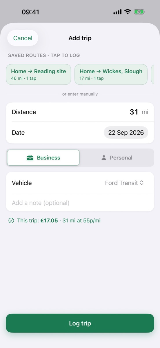 The Add trip screen, with saved routes to log in one tap and the trip's value shown before saving.