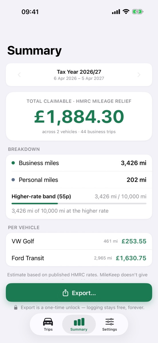 The Summary screen for tax year 2026/27, broken down by band and by vehicle, with an Export button.